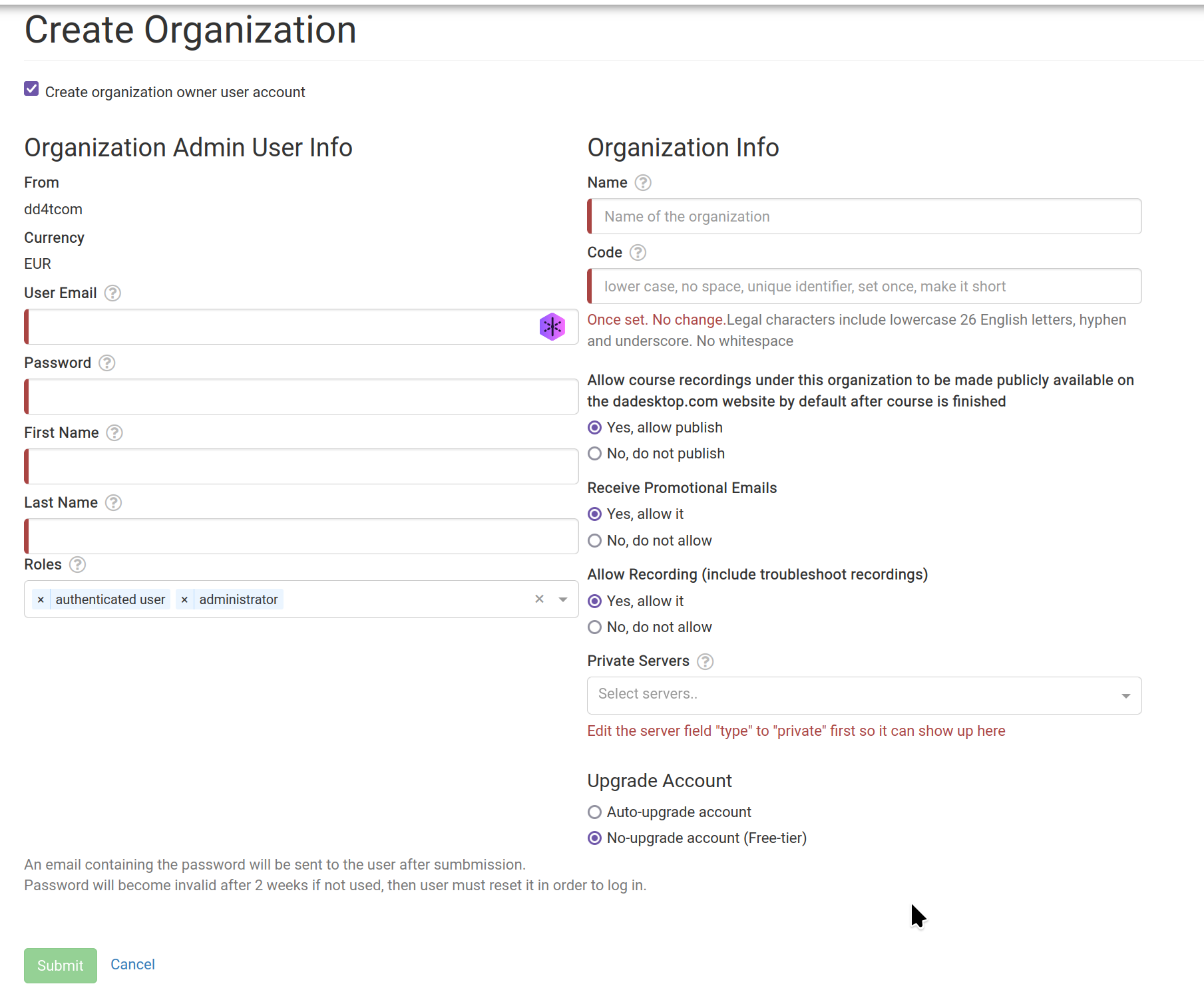 Create Organisation and create organization user account