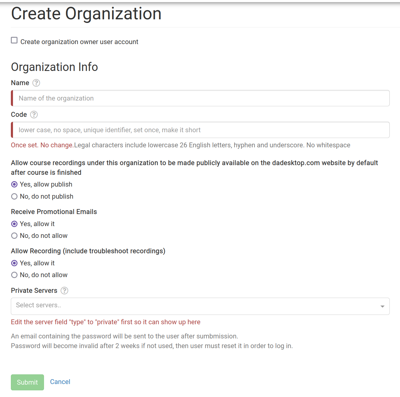 Create Organization without creating user account