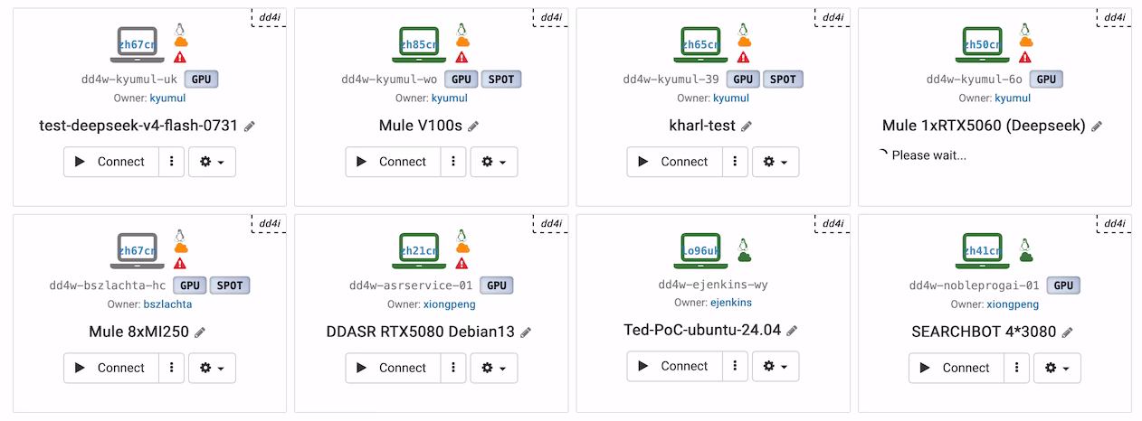 GPU-enabled cloud desktops listed in the DaDesktop console